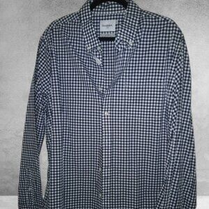 A Men's Long-Sleeve Navy Blue and White Gingham Button-Down Shirt